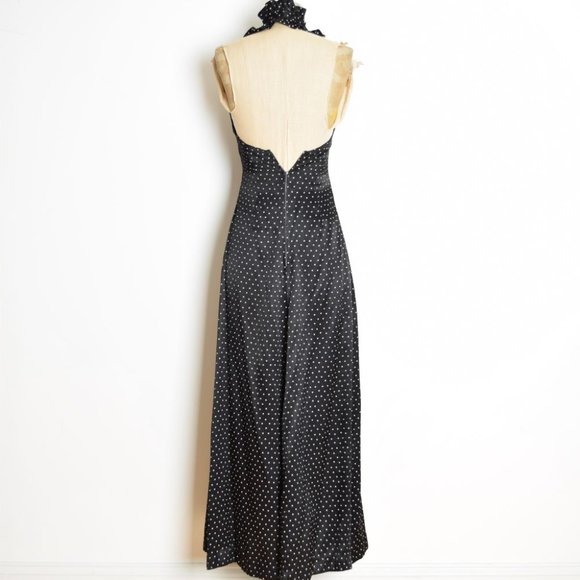 vintage 70s dress black satin STAR print ruffle long maxi prom party disco XS S - Picture 7 of 9